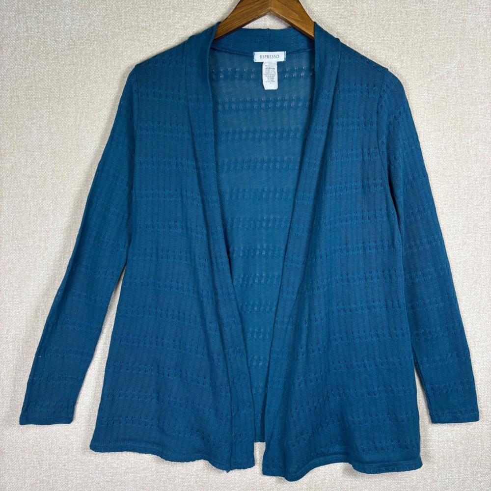 Espresso Teal Blue Open Front Pointelle Knit Cardigan Sweater Womens 1X (?)
